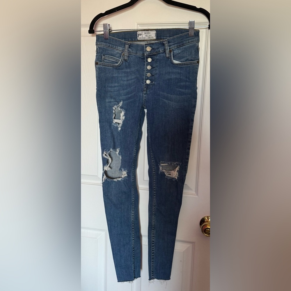 Free People Distressed Medium Reagan Skinny Button Front Jeans